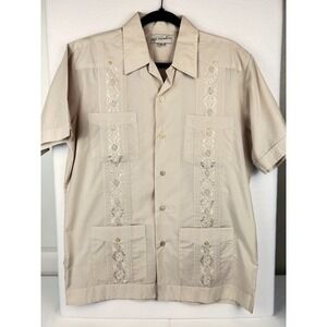 Hugo Valentino Mens Guayabera Shirt Tan Embroidered Short Sleeve Button Up M